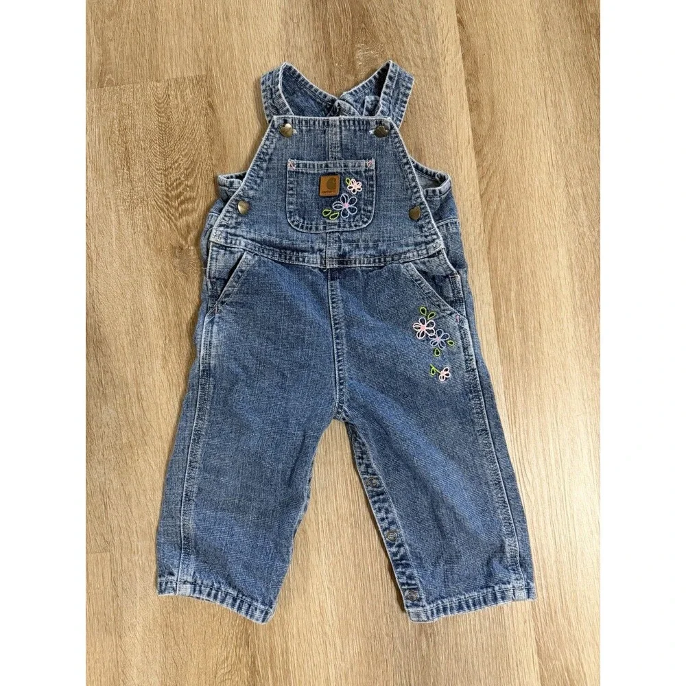 Carhartt Girls Floral Embroidered Denim Overalls Heart Buttons Size 18 Months